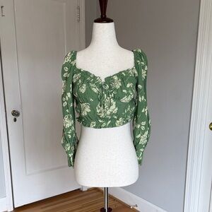 Dress Forum Green Floral Puff Sleeve Crop Top with Tie Front